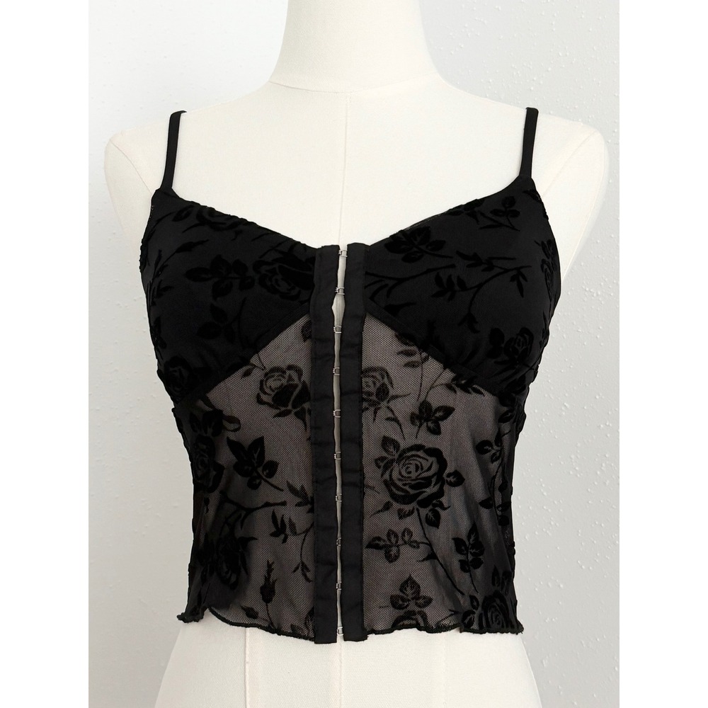 One Clothing Y2K Black Sheer Velvet Burnout Rose Corset Cami Top Goth Vampy M